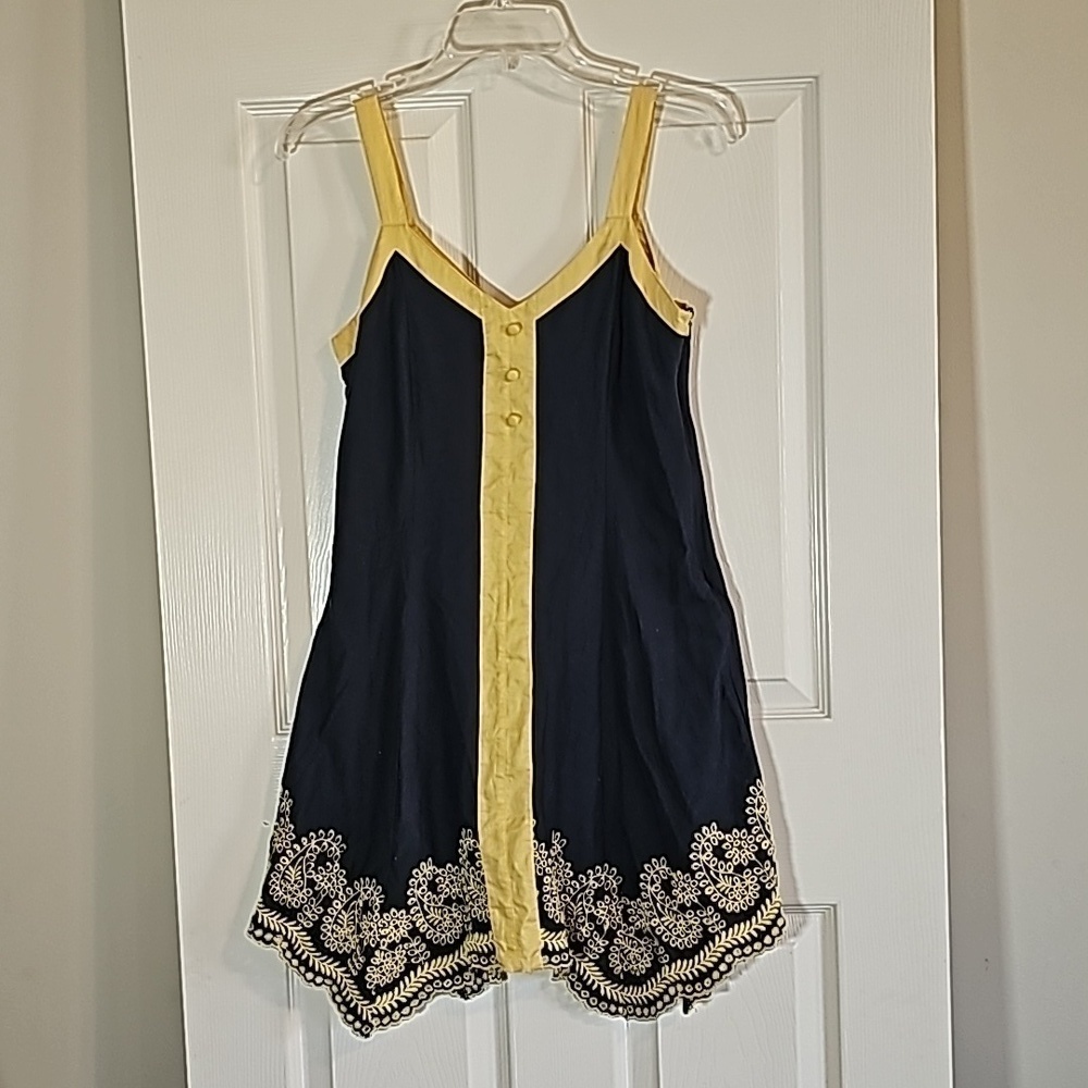 Aryeh Navy Blue Dress Tank Straps Yellow Crochet Trim 100% Cotton Dress Size S